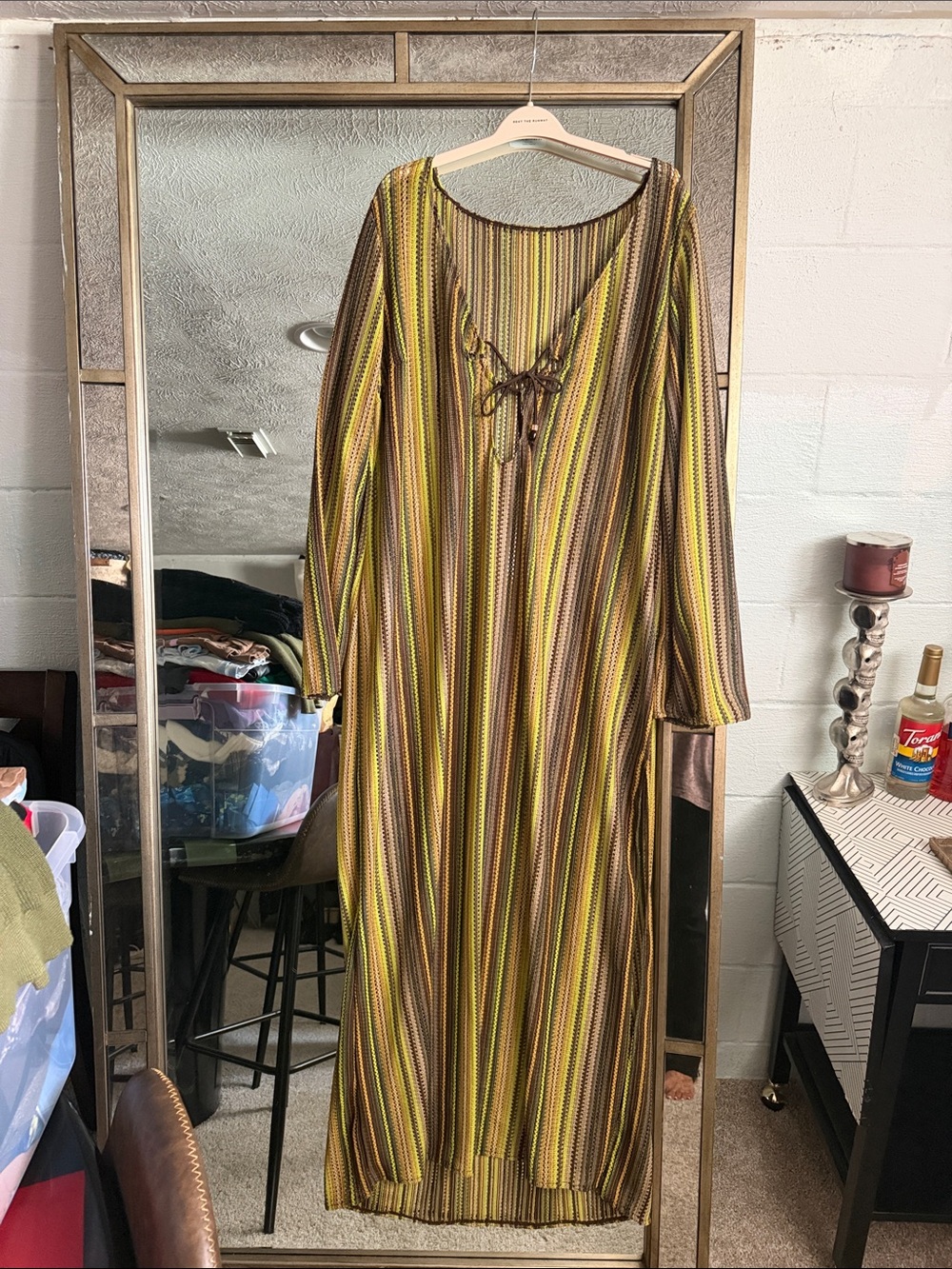 Striped Long Sleeve Maxi crochet dress in Olive & Brown, can be for a pool dress